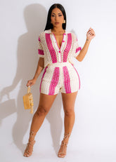 Hollow Out Cutout Out See Through Collared Knitted Shorts Suit